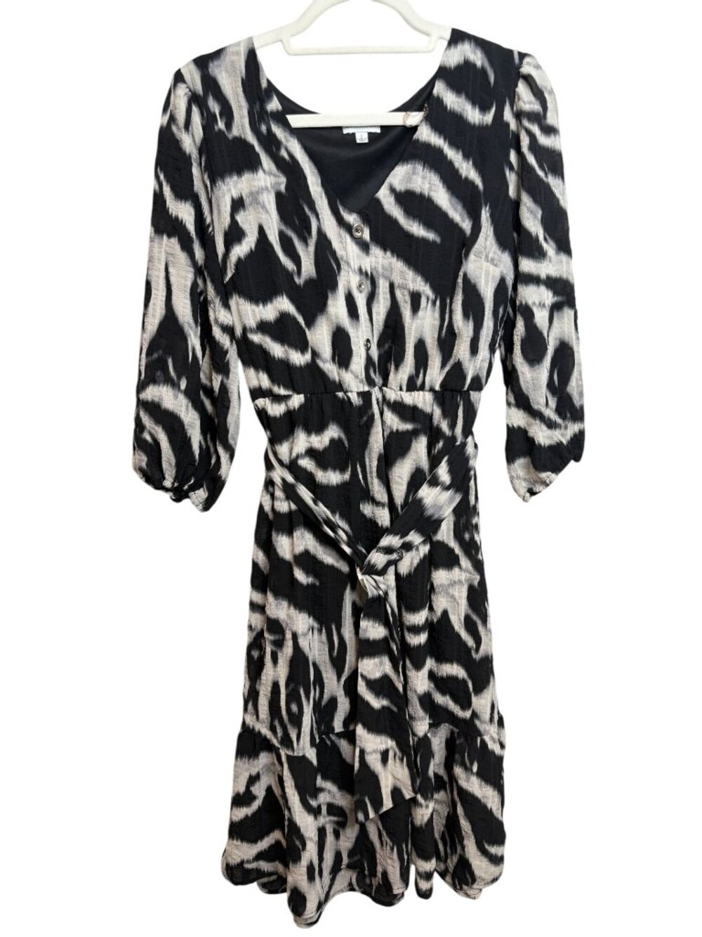 Luxology Womens Size L Black White Tiered Midi Dress Belted Puff Sleeve